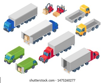 Trucking Logistic Isometric Trucks. Loading Truck, Cargo Container Transportation Lorry And Trailer Loader. Van Cars Or Warehouse Transportation. 3d Isolated Symbols Illustration Set