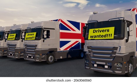 Trucks with a drivers wanted sign - Truck drivers shortage in the UK - british trade doesn’t work - A lorry with a british flag - 3D render