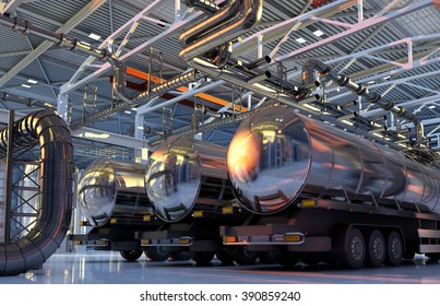 Trucks with fuel in the hangar.