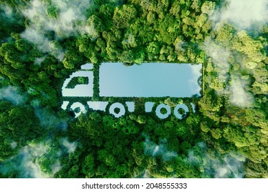 A truck  shaped lake in the midst pristine nature  illustrating the concept clean  greenhouse  free transport in the form electric  hybrid hydrogen propulsion  3d rendering 