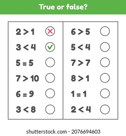 True Or False. More, Less Or Equal. Educational Math Game For Kids Preschool And School Age. 