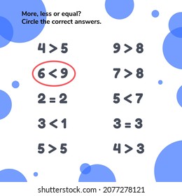 True Or False. More, Less Or Equal. Educational Math Game For Kids Preschool And School Age.