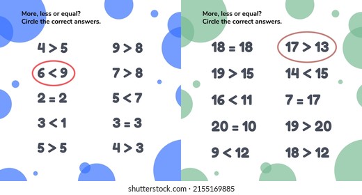 True Or False. More, Less Or Equal. Educational Math Game For Kids Preschool And School Age. Set Worksheets. 