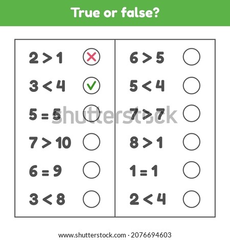 True or false. More, less or equal. Educational math game for kids preschool and school age. 