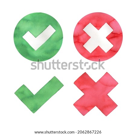 True and False symbol set. Simple shapes, red and green colors. Hand painted watercolour graphic on white background, cut out clip art elements for design, planner, organizer stickers, banner, print.