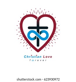 True Infinite Christian Love and Belief in God, creative symbol design, combined with infinity eternal loop and Christian Cross, vector logo or sign.