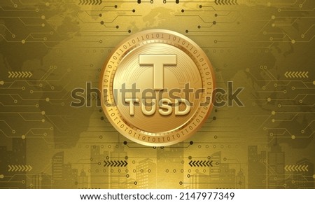 True USD TUSD Cryptocurrency tech based on decentralized finance, virtual cash, and web 3 technology concept banner and background illustration. 3D golden coin with crypto logo and symbol