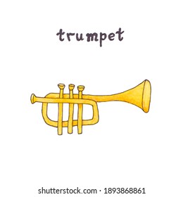 Trumpet watercolor sketch. Artistic yellow golden metal wind instrument illustration