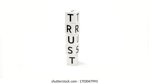 Trust concept. 3d cubes tower with word trust isolated on white color background. 3d illustration.