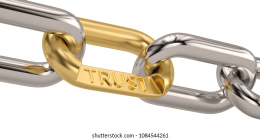 Trust word as symbol in chain  isolated on white background. 3D illustration.