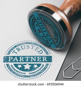 Trusted partner mark imprinted on a paper background with rubber stamp. Concept of trust in business and partnership. 3D illustration