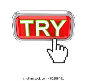 TRY button and white cursor. 3d rendered. Isolated on white background.