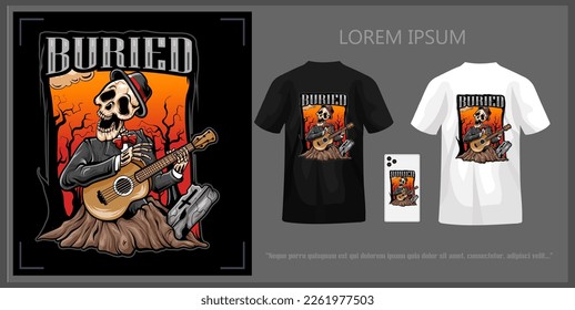 T  shirt design illustration skull in suit playing an acoustic guitar over graveyard complete and mockup 