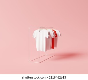 T-Shirts With Clothes Rack On Pastel Pink Background. Minimal Idea Concept. 3d Rendering