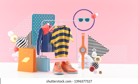 T-shirts And Jackets On Square Rails Surrounded By Shoes, Watch, Sun Glasses And Shopping Bags On A Pink Background.-3d Rendering.
