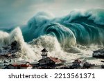  A tsunami hit a small seaside town. Apocalyptic dramatic background, giant tsunami waves, dark stormy sky, Tornado. Huge waves Tsunami Big waves. 3d render