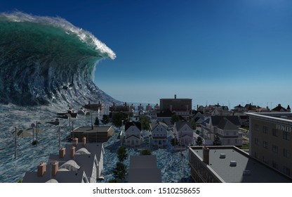 Tsunami Wave Apocalyptic Water View Urban Stock Illustration