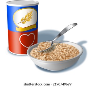 A Tube Box Of Oatmeal With A Full Bowl And Spoon In Front