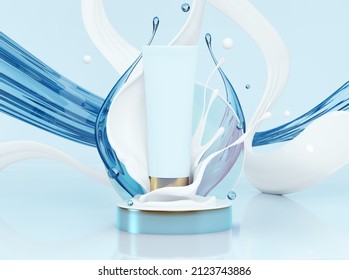 Tube Of Cream. Liquid Cosmetics, Skin Care Cosmetic Product, Body Lotion In Bottle Body Cream Splash. 3d Rendering. Toothpaste. Mockup Promo Banner, Poster, Blue Background.