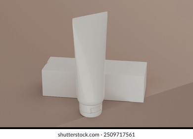 A tube of lotion standing upright on top of a box