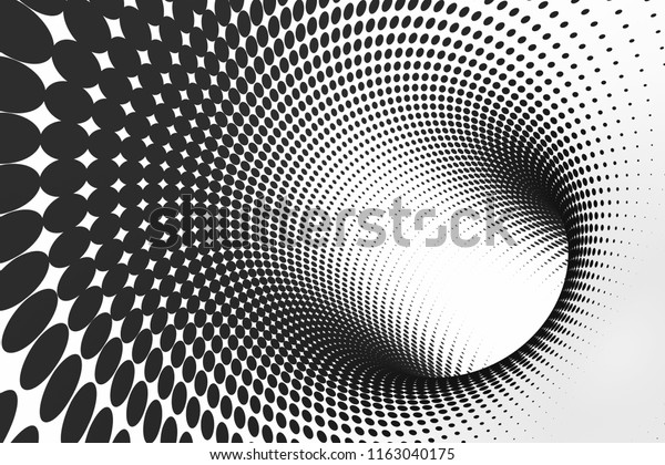Tube optical 3D illusion raster illustration. Halftone torus inside view image. Black and white hypnotic clipart. Endless effect. Spiral, tunnel. Psychedelic monochrome contrast geometric background