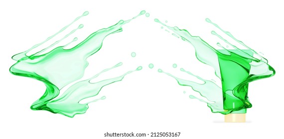 Tube Of Splash Aloe Vera. Liquid Cosmetics, Cosmetic Skin Care Product On A White Background, Body Lotion In A Bottle, Body Cream. Green Color. 3d Rendering, Illustration. Shampoo 