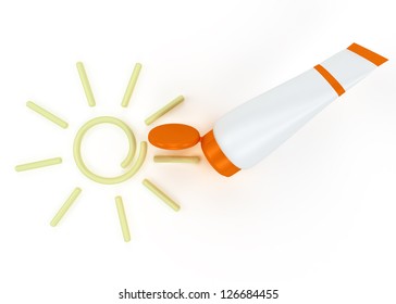 Tube Of Sunscreen With A Painted Sun Cream. Isolated On White Background