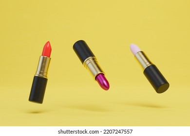 tubes of lipstick of different colors flying on a yellow background. 3D render. - Powered by Shutterstock