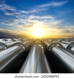 Tubes running in the direction of the setting sun. Fuel industry transportation line connection. 3d-rendering
