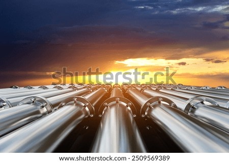 Tubes running in the direction of the setting sun. Fuel industry transportation line connection. 3d-rendering