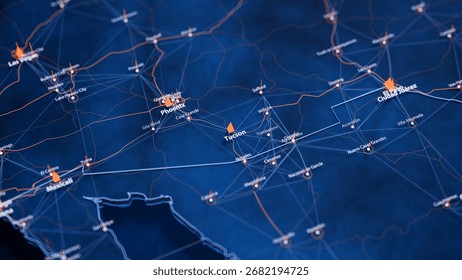 Tucson map big data visualization. Futuristic map infographic of city in USA. Visual map data complexity in modern blue and orange colors. 3D Illustration