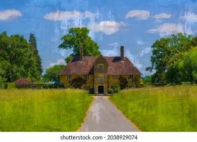 Tudor English country cottage in a rural village on the outskirts of Somerset digital brush and ink pen oil painting 