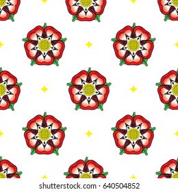 Tudor Rose seamless pattern. Following the War of the Roses, the red rose of the house of Lancaster and the White rose of the house of York combined to make the dual coloured Tudor rose.