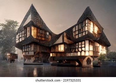 Tudor Style Architecture, Digital Art Style, 3d Illustration