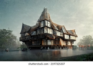 Tudor Style Architecture, Digital Art Style, 3d Illustration