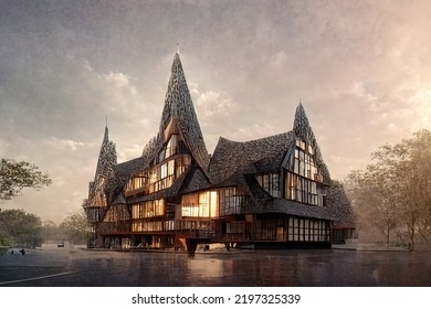 Tudor Style Architecture, Digital Art Style, 3d Illustration