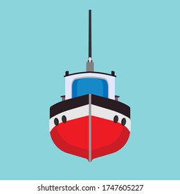 Tug Boat Icon Transportation Vessel Sea. Marine Ship Industry Freight. Tow Mini Tanker Flat Cartoon Front View