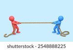 Tug of war. Two 3d person pulling a rope isolated on blue background. 3D rendering with clippng path