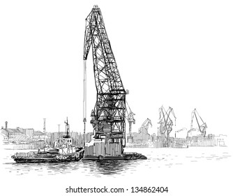 tugboat and crane
