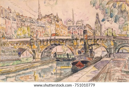 Tugboat at the Pont Neuf, Paris, by Paul Signac, 1923, French Post-Impressionist, watercolor painting. Signac applied watercolor over a black crayon drawing in this cityscape