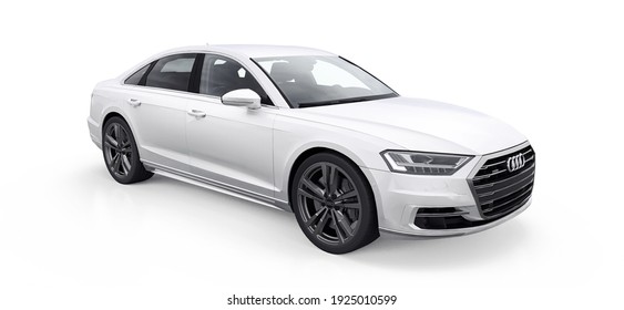 Tula, Russia. February 24, 2021: Audi A8 Quattro 2020 luxury stylish car isolated on white background. 3d rendering