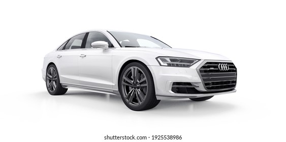 Tula, Russia. February 24, 2021: Audi A8 Quattro 2020 Luxury Stylish Car Isolated On White Background. 3d Rendering