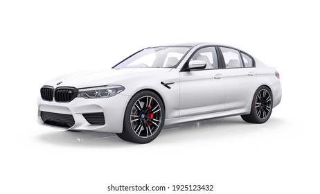 Tula, Russia. February 26, 2021: BMW M5 White Luxury Sport Car Isolated On White Background. 3d Rendering