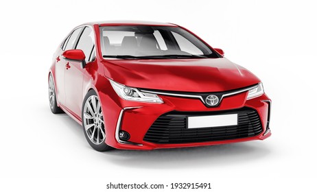Tula, Russia. February 28, 2021: Toyota Corolla Sedan 2020 compact city red car isolated on white background. 3d rendering