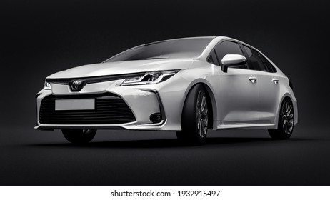 Tula, Russia. February 28, 2021: Toyota Corolla Sedan 2020 compact city white car isolated on black background. 3d rendering