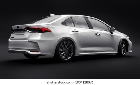 Tula, Russia. February 28, 2021: Toyota Corolla Sedan 2020 compact city white car isolated on black background. 3d rendering