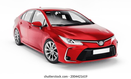 Tula, Russia. February 28, 2021: Toyota Corolla Sedan 2020 compact city red car isolated on white background. 3d rendering