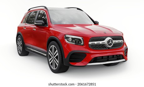 Tula, Russia. July 4, 2021: Mercedes-Benz GLB 2020 Red Compact Luxury Suv Car Isolated On White Background. 3d Illustration