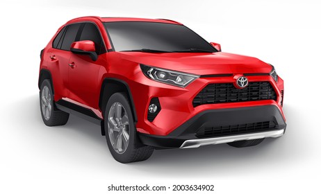 Tula, Russia. June 23, 2021: Toyota RAV4 SUV 2020 City Red Car Isolated On White Background. 3d Illustration