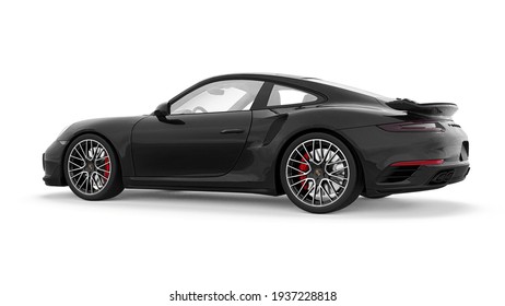 Tula, Russia. March 15, 2021: Porsche 911 Turbo S 2016 black sports car coupe isolated on white background. 3d rendering.